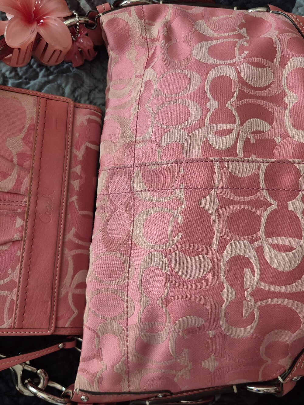 Coach Pink Signature Jacquard Shoulder Bag with Floral Charm